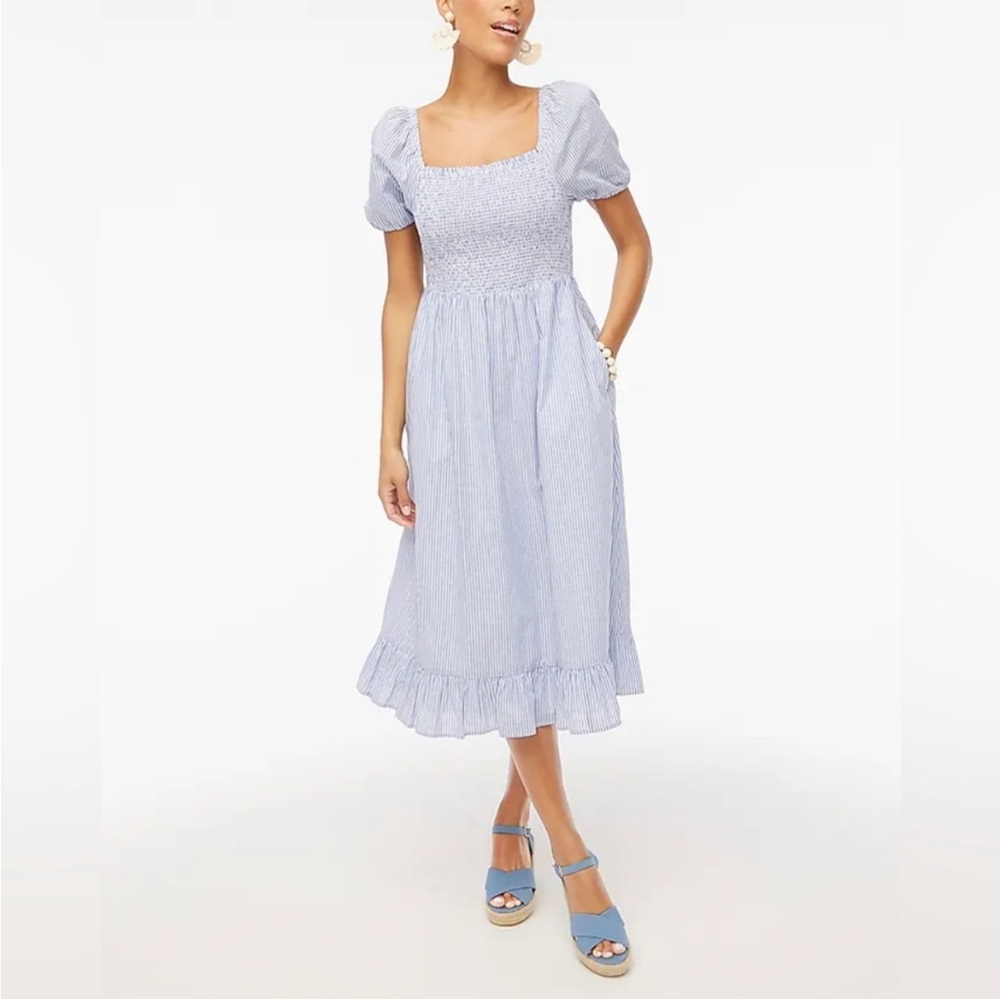 J. Crew Factory Blue Puff Sleeve Smocked Sundress